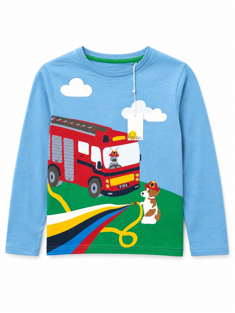 Mini Boden Light Blue Long-Sleeve Tee with Red Fire Truck